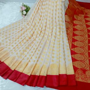 Royal Golden-Cream Kanchi Katan Saree with Red Border