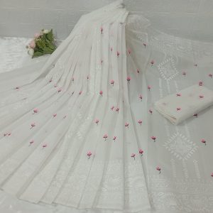 Premium White Afsan Print Cotton Saree with Pink Floral Motif