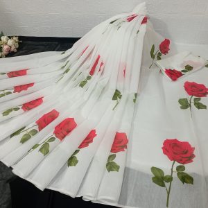 Premium White Chanderi Silk Saree with Vibrant Red Rose Print